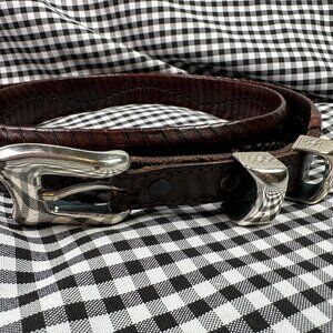 Vintage Western Woven Leather Belt Silver Buckle Brown Size 46 - Cowboy / West